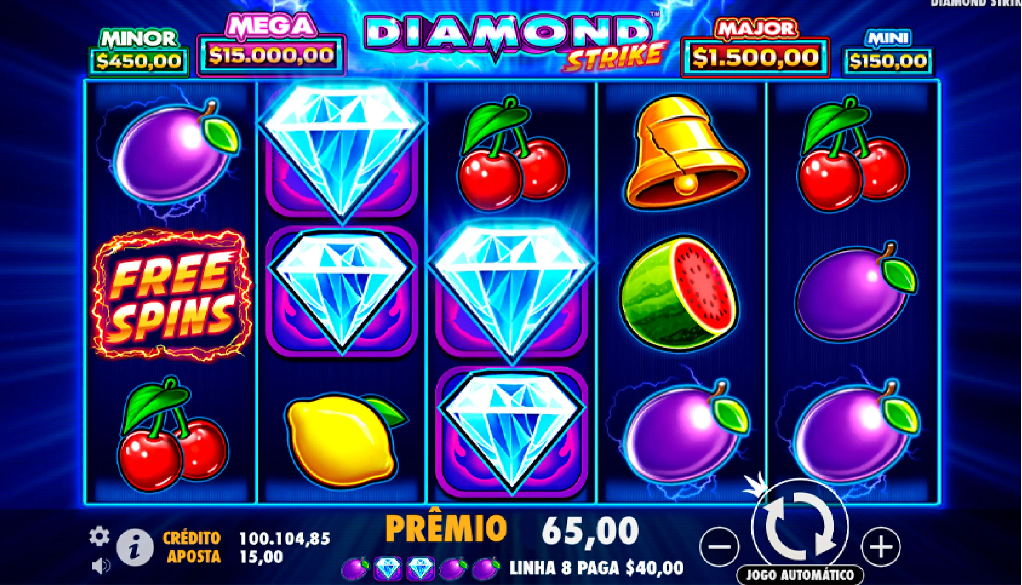 Slot Diamond Strike com jackpot ativado no Esportes da Sorte e símbolo de relâmpago brilhante