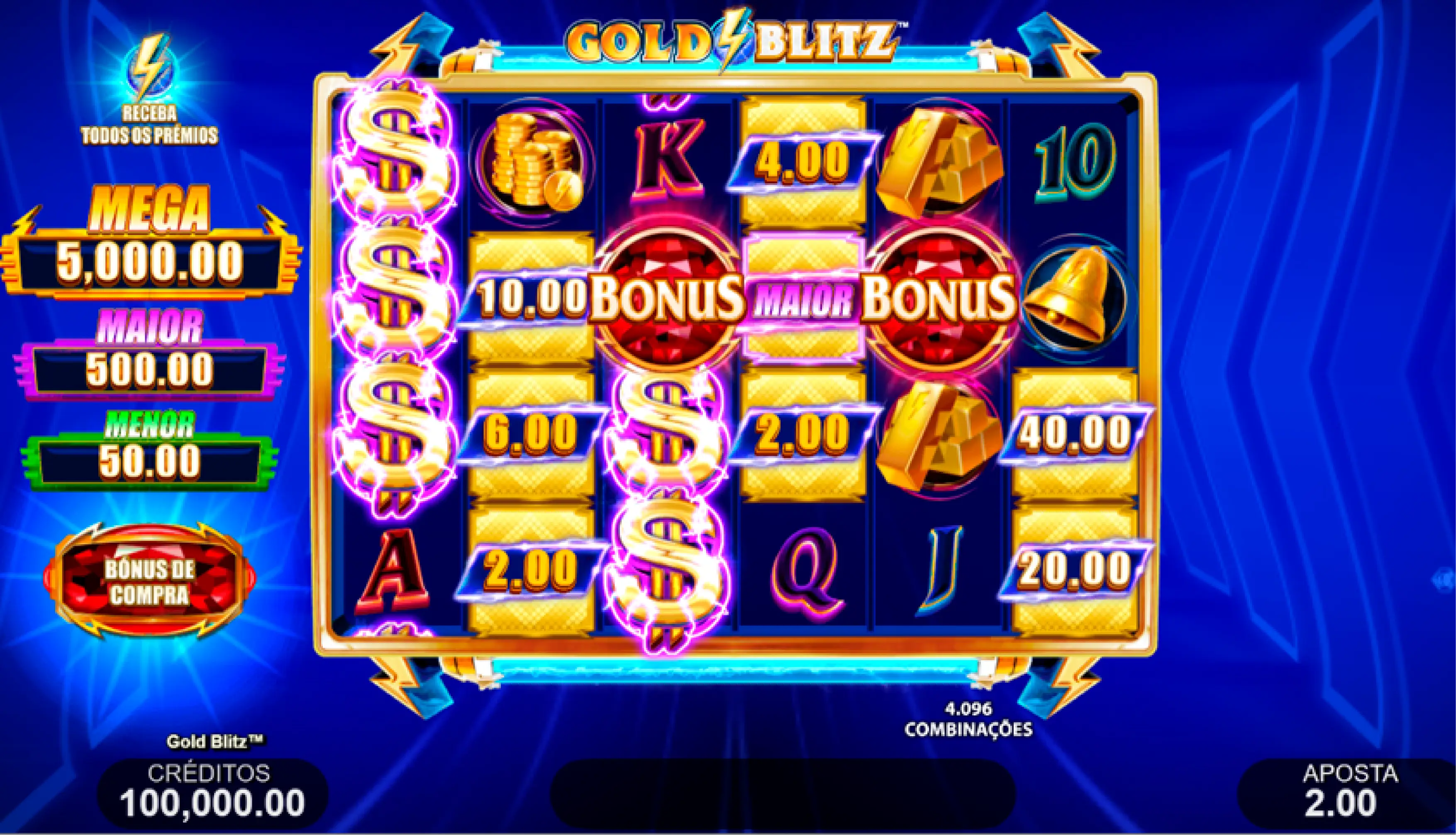 Modo Gold Blitz com coleta de dinheiro e jackpot ativado no Esportes da Sorte