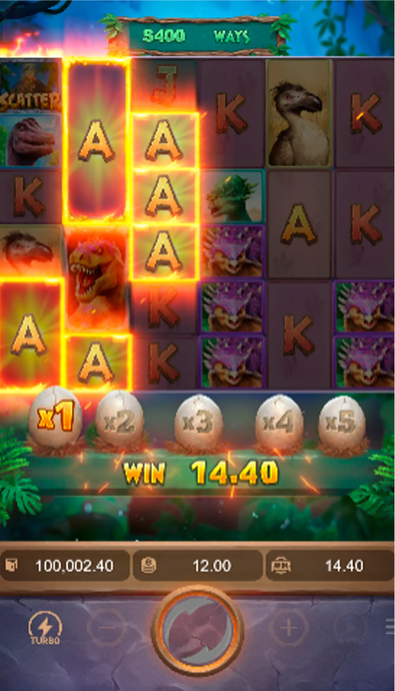 Slot Jurassic Kingdom com multiplicador ativo e T-Rex no Esportes da Sorte