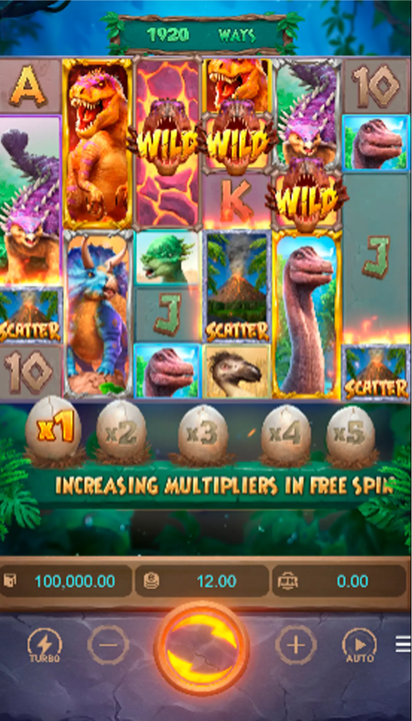 Slot Jurassic Kingdom com multiplicador ativo e T-Rex no Esportes da Sorte