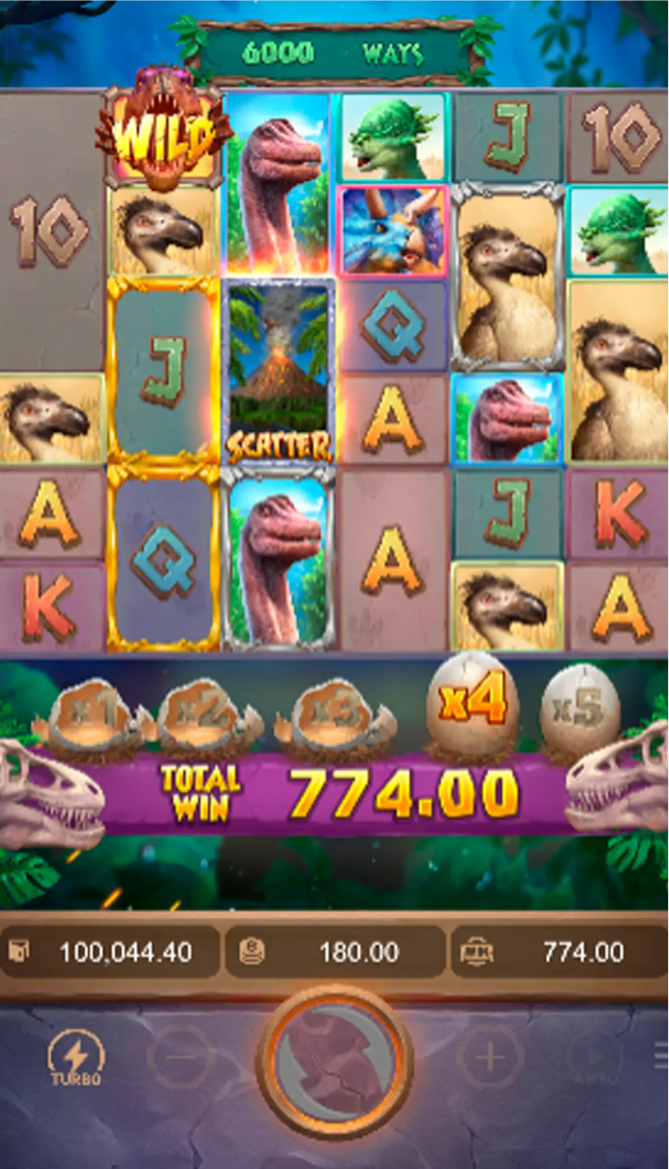 Slot Jurassic Kingdom com multiplicador ativo e T-Rex no Esportes da Sorte